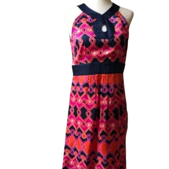 ANN TAYLOR LOFT SLEEVELESS NAVY/PINK/ORANGE PRINT HALTER DRESS 4-EUC - Picture 1 of 11